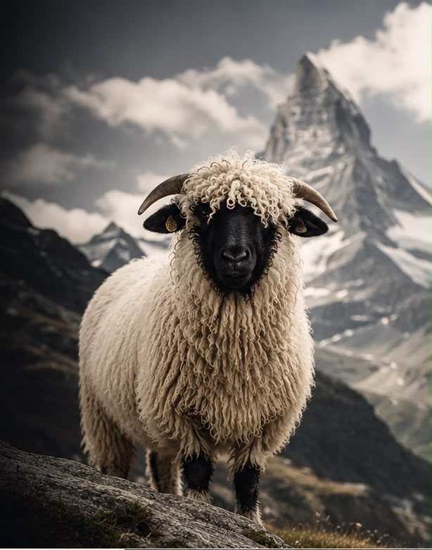 A Blacknose sheep standing on an alpine ridge beneath a high peak — the emblem of Ovis